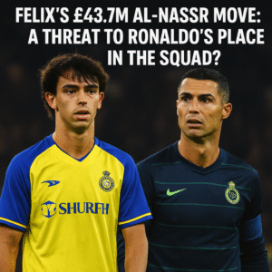 João Félix and Cristiano Ronaldo in Al-Nassr kits with headline questioning Ronaldo’s future role at the club.