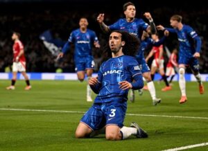 Marc Cucurella celebrates during a Chelsea match, symbolizing his revival and importance under Enzo Maresca amid contract renewal talks.