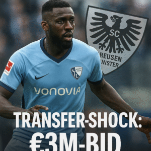 Ibrahima Sissoko im Bochum-Trikot bei einem Zweikampf im Mittelfeld. Im Hintergrund das Wappen von Preußen Münster und der Schriftzug: „Transfer-Kraacher: 3-Millionen-Angebot“.