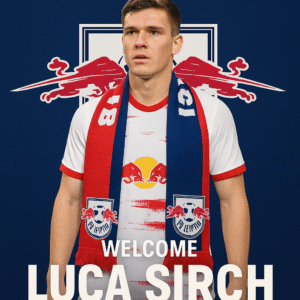 Luca Sirch in RB Leipzig’s white home jersey and red-blue club scarf, standing in front of RB Leipzig logo with bold “Welcome Luca Sirch” text.