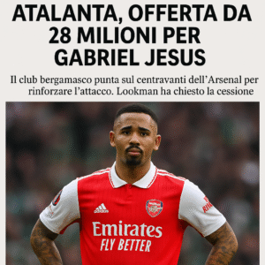 Brazilian striker Gabriel Jesus pictured with headline reporting Atalanta’s €28 million transfer bid amid Arsenal exit rumors.
