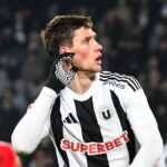 Vladislav Blănuță celebrates a goal with Universitatea Cluj, rumored to be joining Dinamo București.