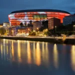 San Mamés Stadium lit up at night, Bilbao
