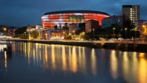 San Mamés Stadium lit up at night, Bilbao